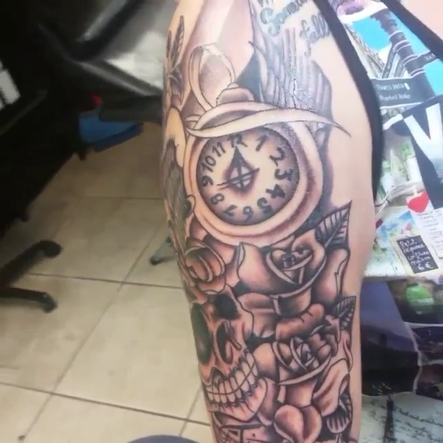 Skull and pocket watch realism tattoo by Tattoos By Mauze