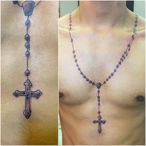 Rosary necklace with cross tattoo on the chest by Chris