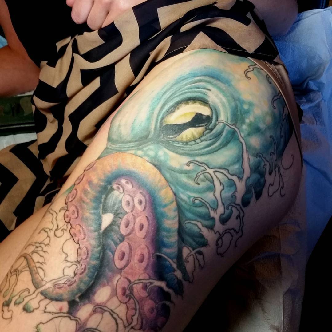 Octopus realism tattoo on the thigh by Jake Goss, Salt Lake City, Utah