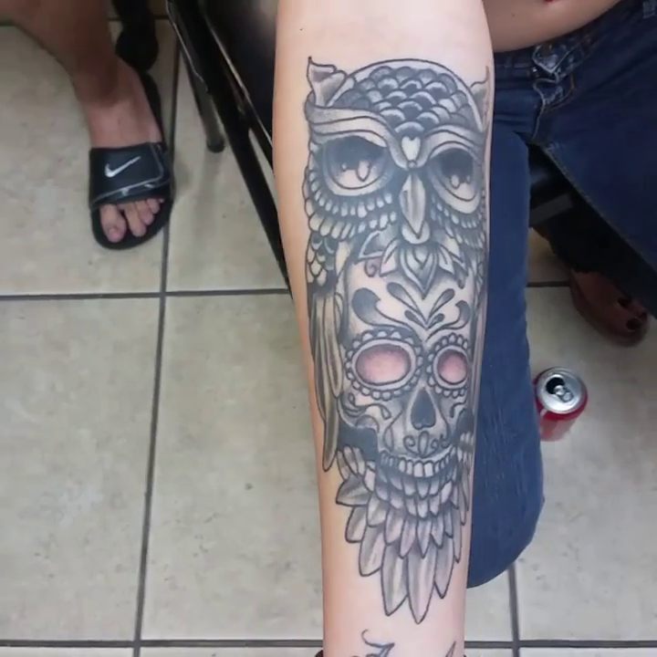 Owl and skull realism tattoo by Tattoos By Mauze