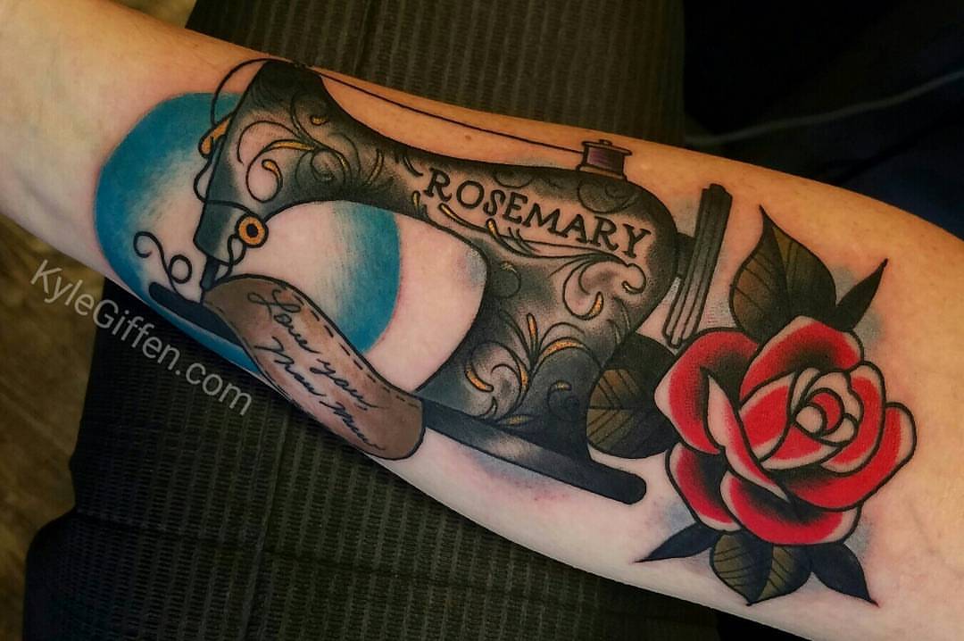 Sewing machine and rose American traditional tattoo on the forearm by Kyle Giffen - Tattoo Artist