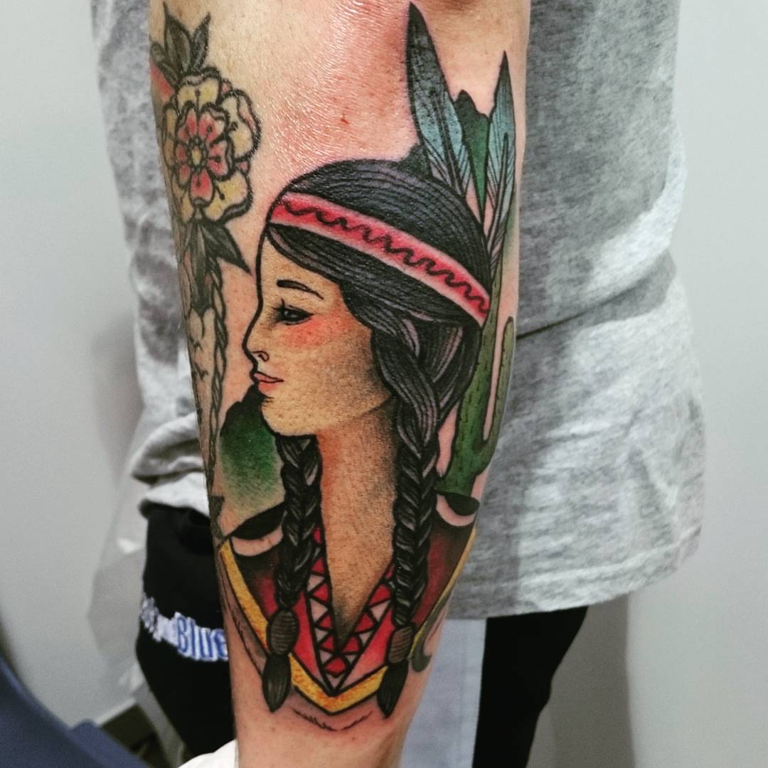 Indian woman American traditional tattoo on the forearm by Daichi Horiyama