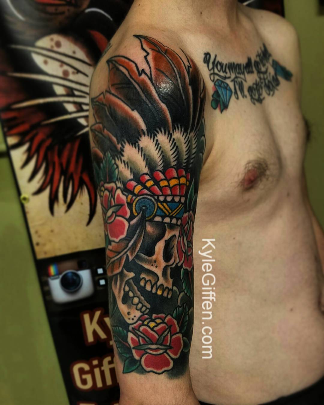 Skull and roses American traditional tattoo on the forearm by Kyle Giffen - Tattoo Artist