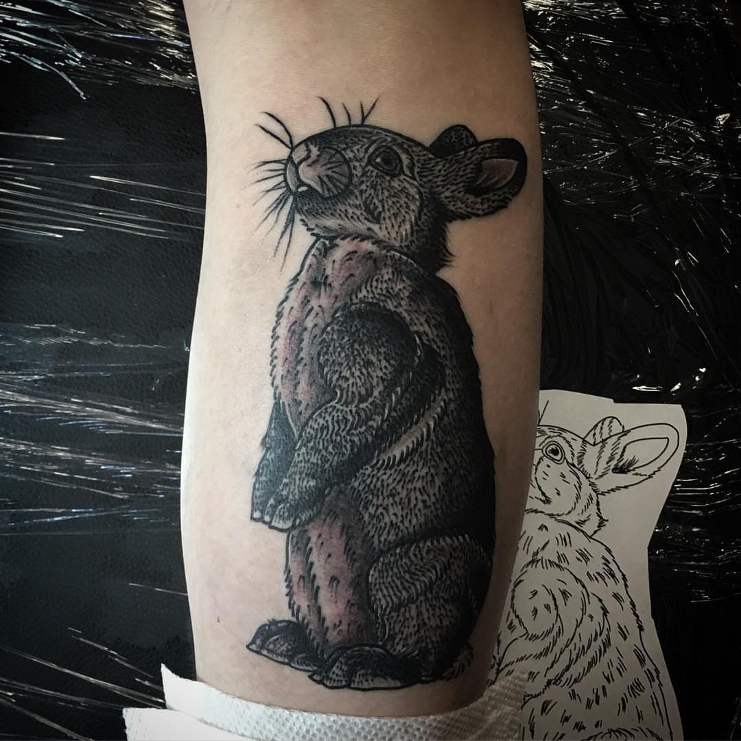 Rabbit black and grey tattoo on the forearm by Kody Miller Tattoos 📍Kansas City MO Tattoo, Kansas City, Missouri