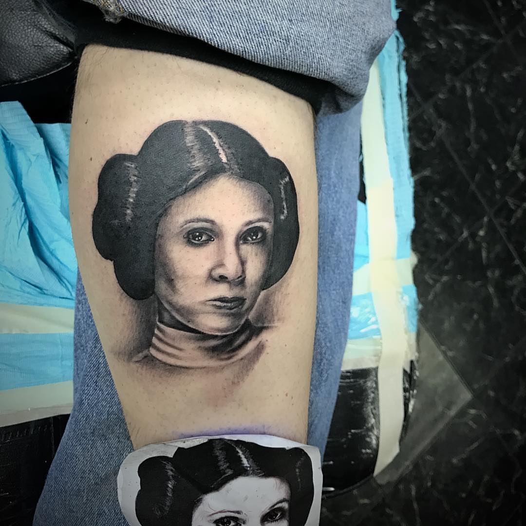 Princess Leia realism tattoo on the thigh by GABRIELExTATTOOS