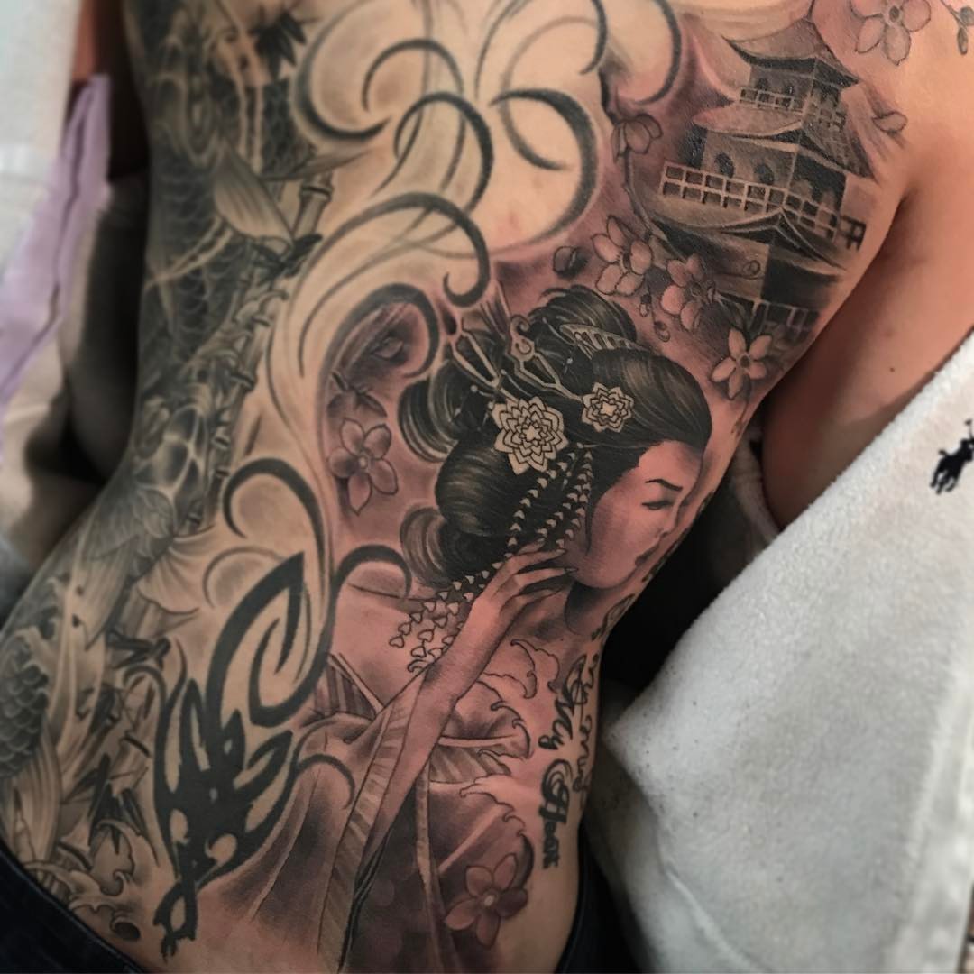 Geisha japanese irezumi tattoo on the chest by Rocky Nguyen DFW Dallas Japanese