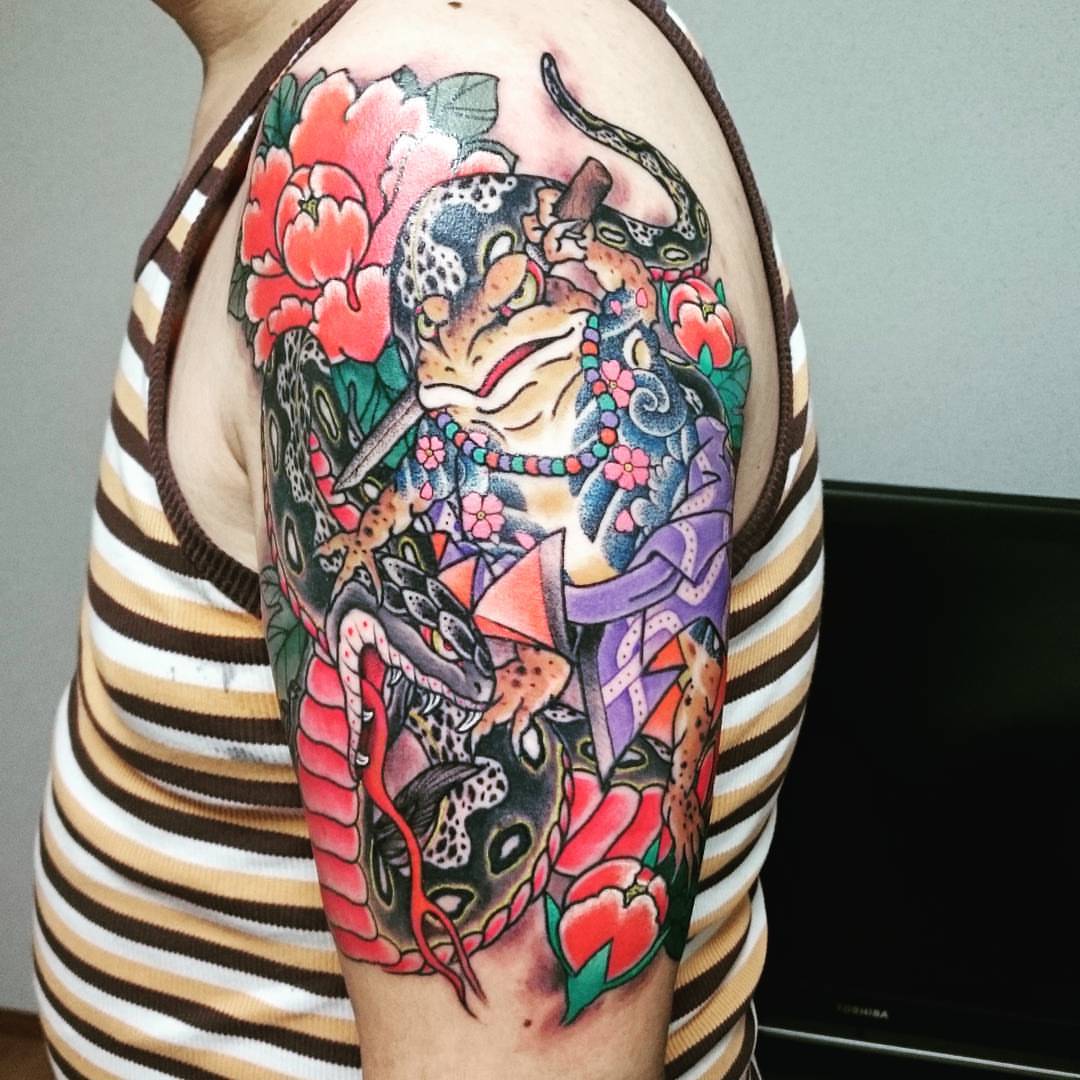 Kappa and flowers japanese irezumi tattoo on the shoulder by Daichi Horiyama