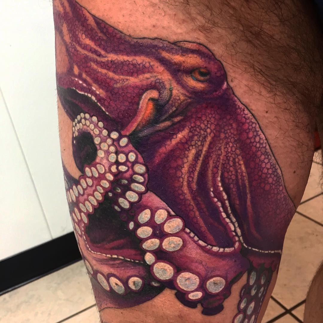 Octopus dotwork tattoo on the thigh by Jared Ammons
