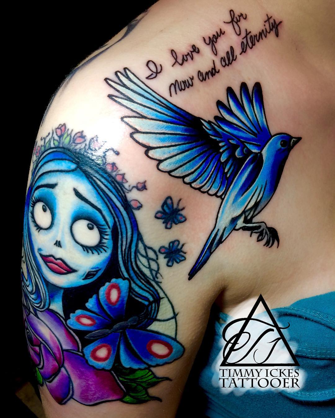 Girl with butterfly American traditional tattoo on the shoulder by Timmy Ickes