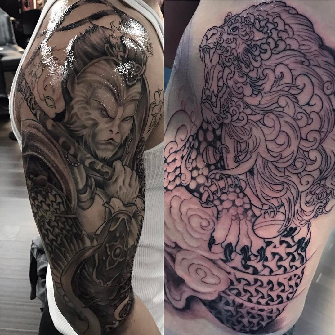 Warrior and dragon realism tattoo on the upper arm by Rocky Nguyen DFW Dallas Japanese