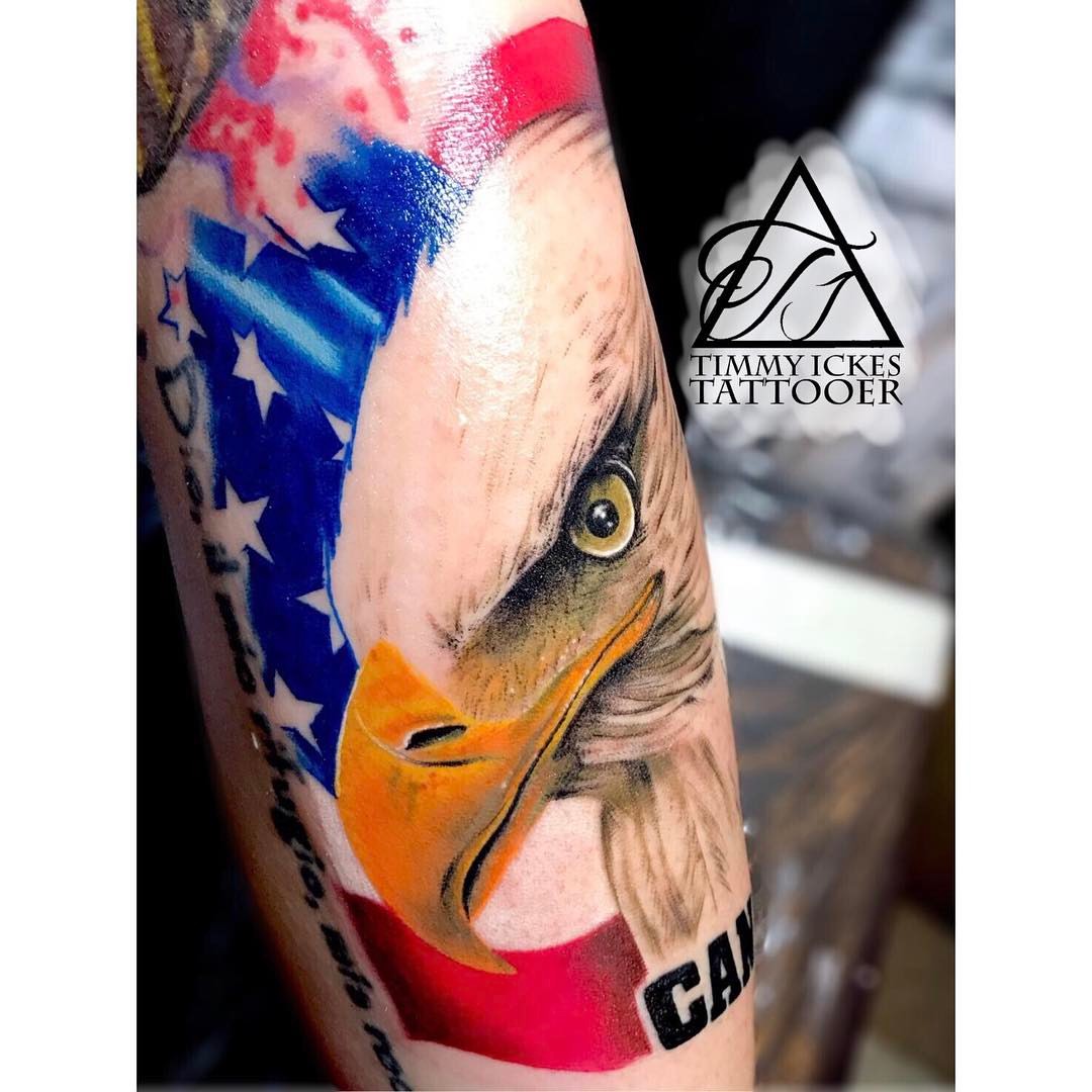 American eagle realism tattoo on the forearm by Timmy Ickes