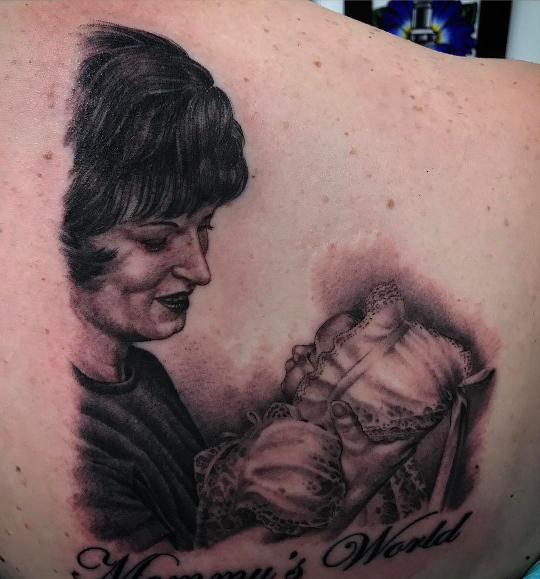 Mother and baby realism tattoo on the back by Jared Ammons
