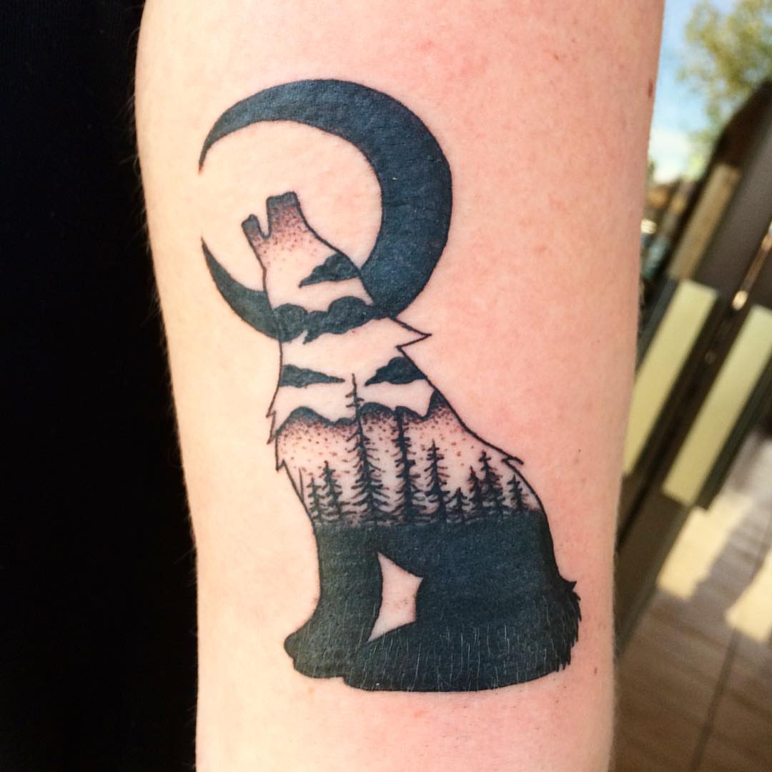 Mountain silhouette black and grey tattoo on the forearm by Danielle Dubois