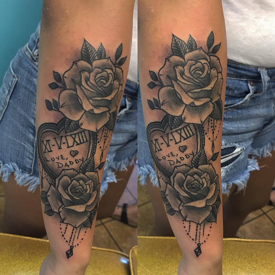 Rose and heart American traditional tattoo on the forearm by Steven Campbell, Kansas City, Missouri