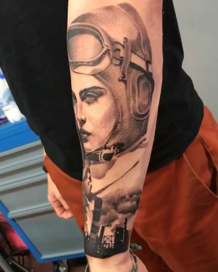 Woman with aviator helmet and goggles realism tattoo by Anna Chernova, San Francisco, California