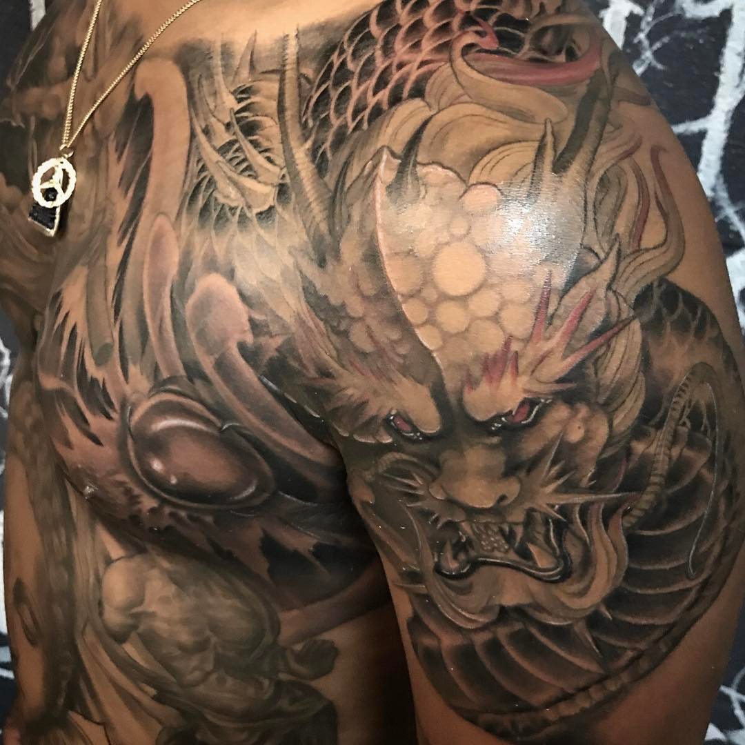 Dragon japanese irezumi tattoo on the chest by Rocky Nguyen DFW Dallas Japanese