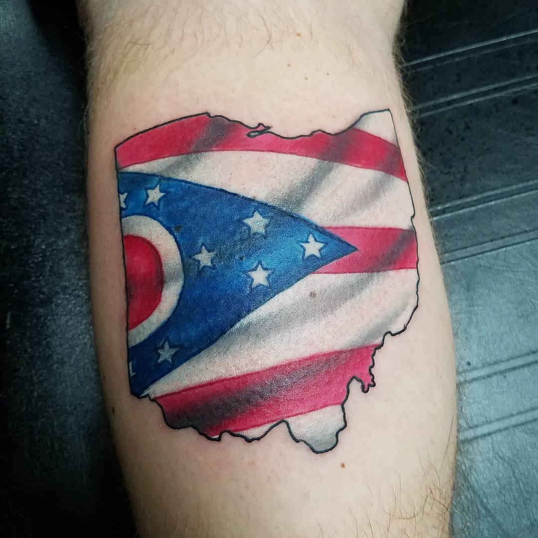 Ohio state flag American traditional tattoo on the forearm by Dick Eckman