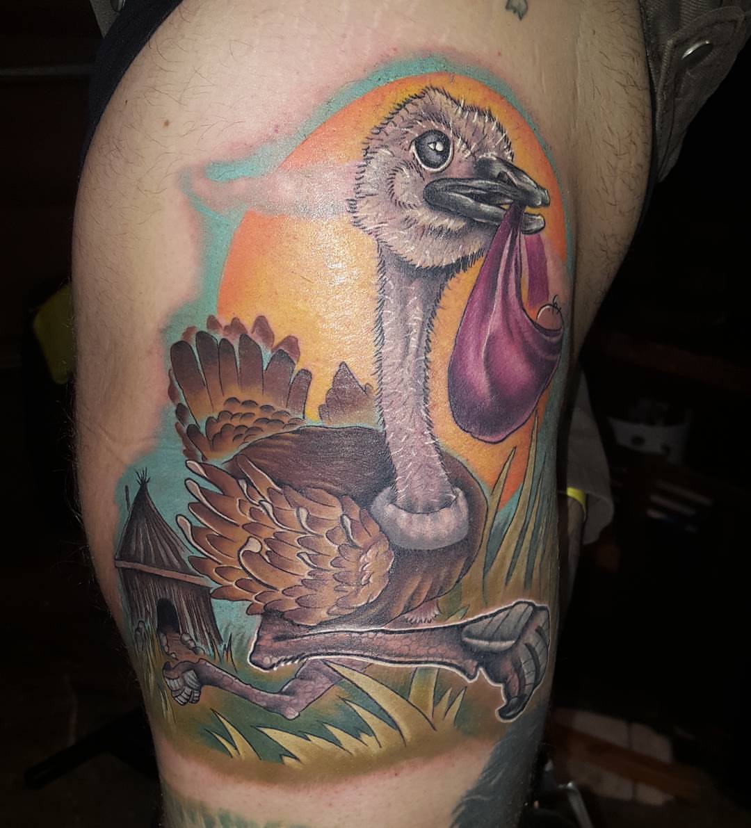 Emus American traditional tattoo on the thigh by Jon Goad