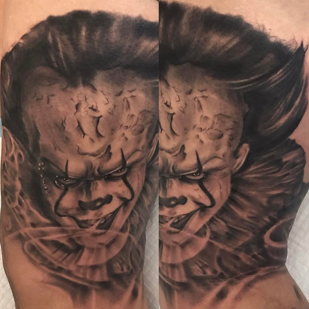 Clown face realism tattoo on the chest by Rocky Nguyen DFW Dallas Japanese