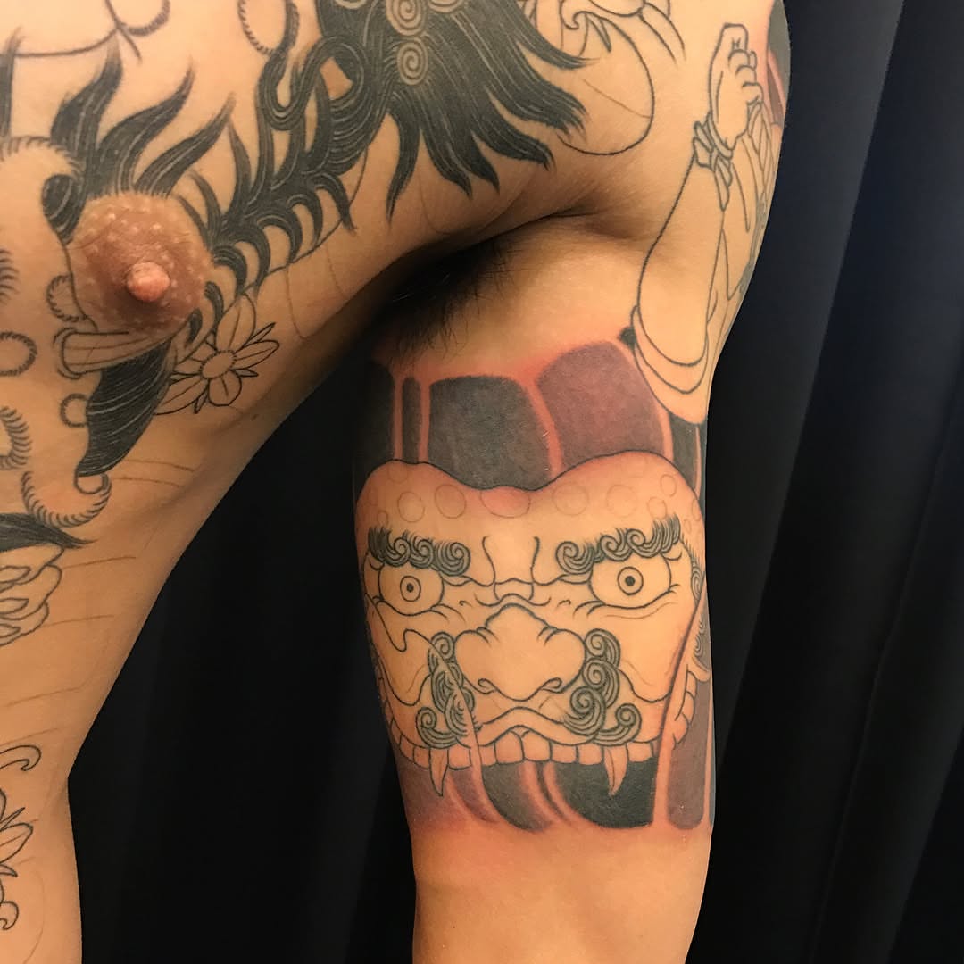 Demon face japanese irezumi tattoo on the forearm by 重君