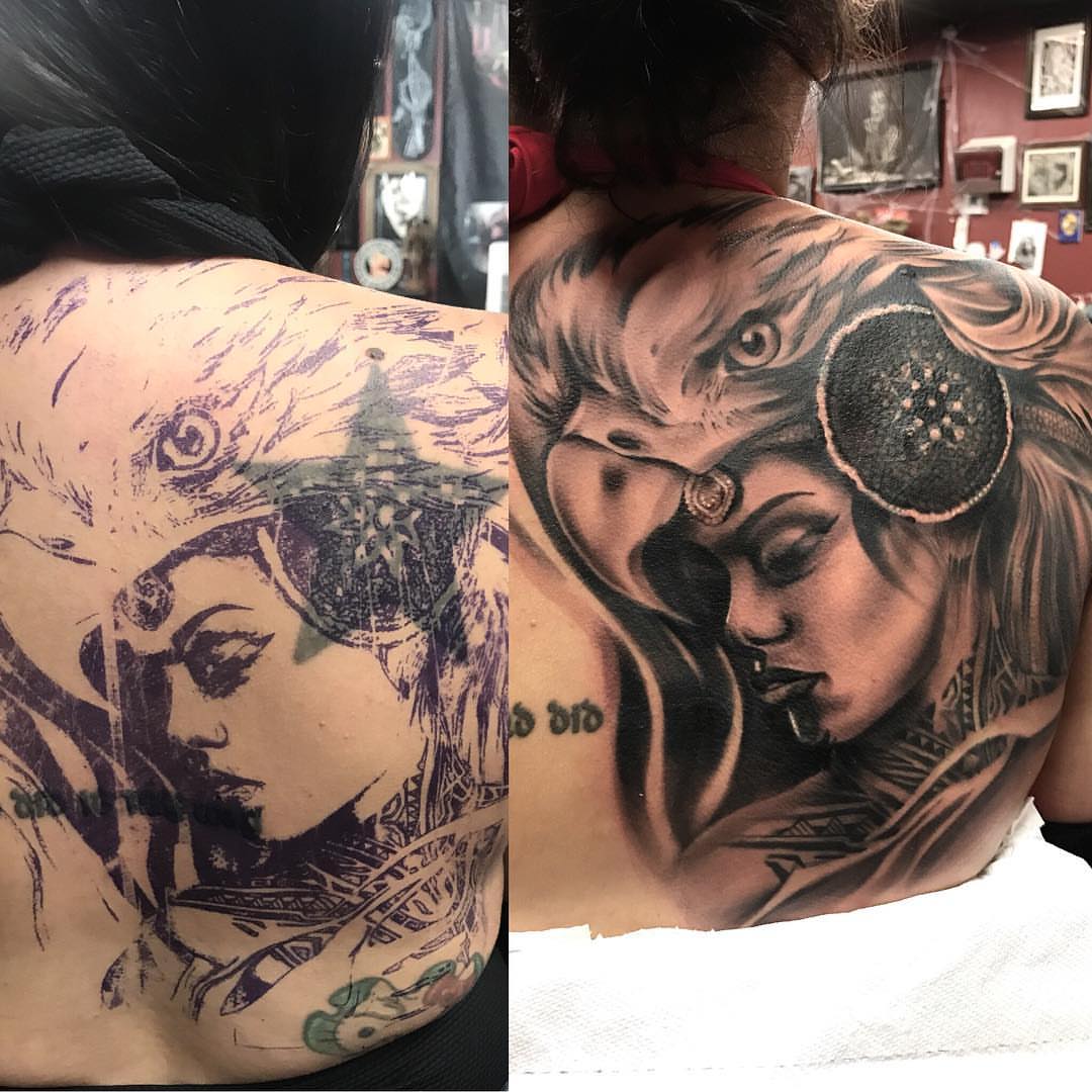 Woman with bird realism tattoo on the back by Rocky Nguyen DFW Dallas Japanese