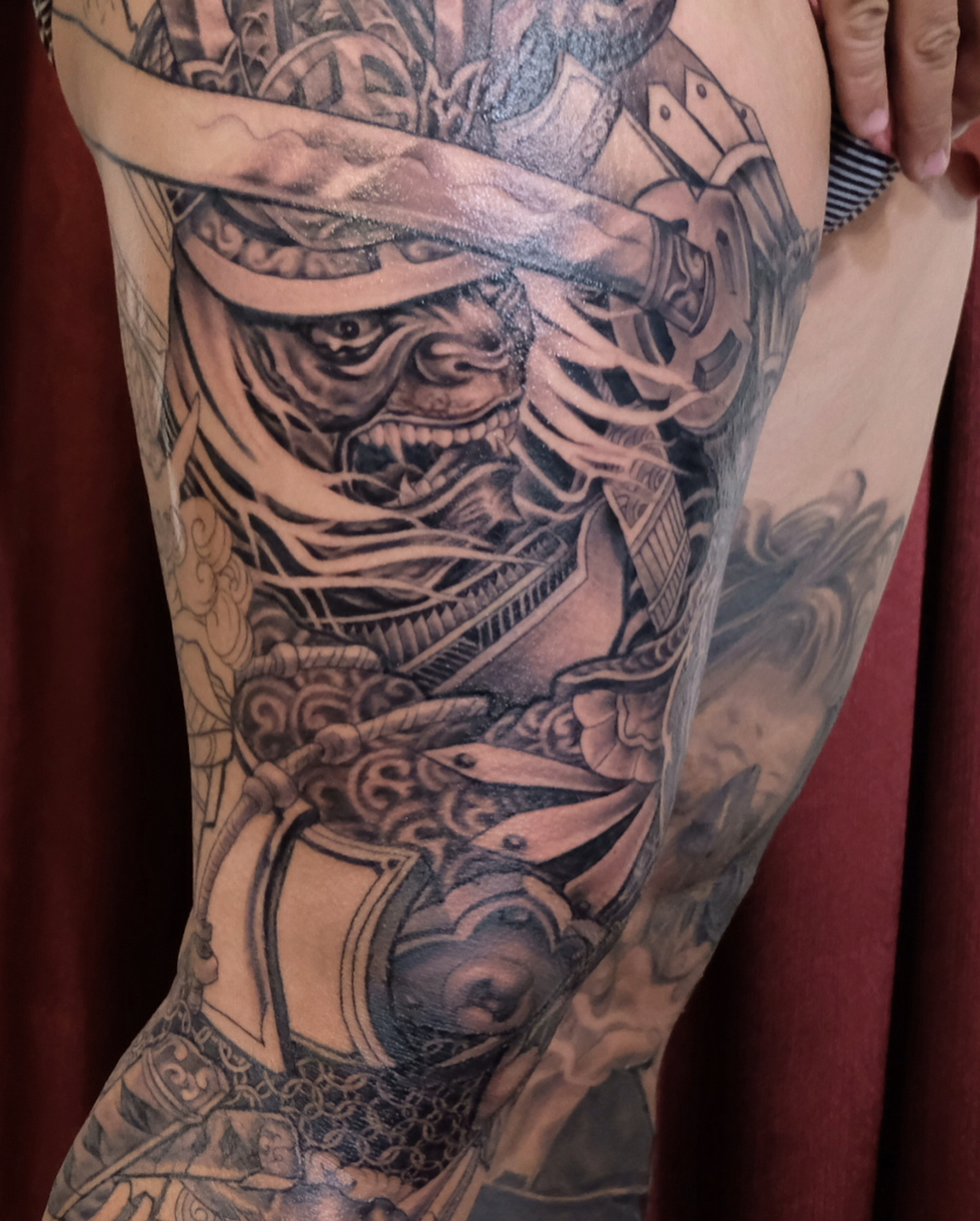 Samurai warrior japanese irezumi tattoo on the thigh by Rocky Nguyen DFW Dallas Japanese