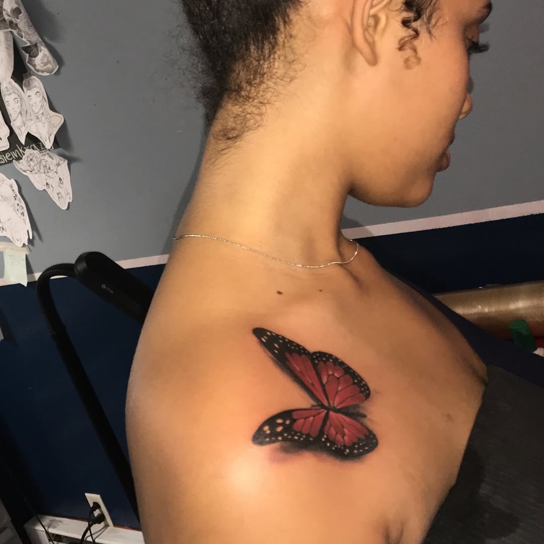 Monarch butterfly fine line tattoo on the shoulder by 2realink - Tattoo Artist