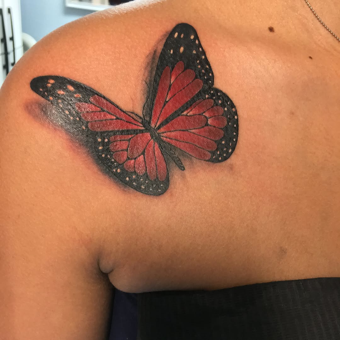 Monarch butterfly fine line tattoo on the shoulder by 2realink - Tattoo Artist