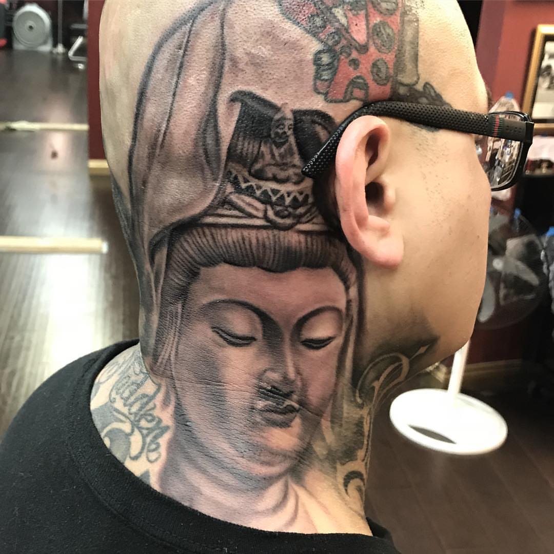 Buddha head realism tattoo on the head by Rocky Nguyen DFW Dallas Japanese