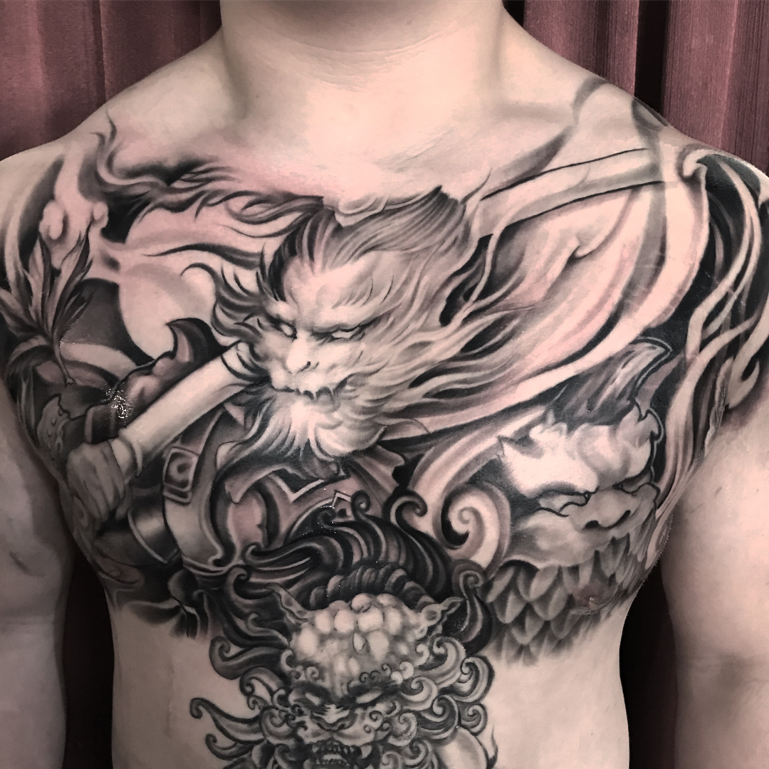 Demon warrior realism tattoo on the chest by Rocky Nguyen DFW Dallas Japanese