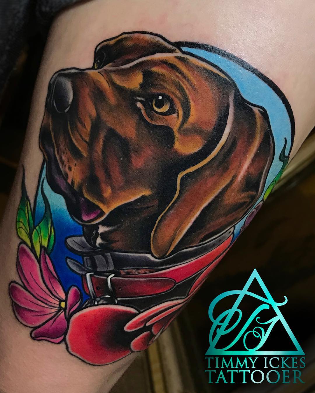 Dog realism tattoo on the thigh by Timmy Ickes