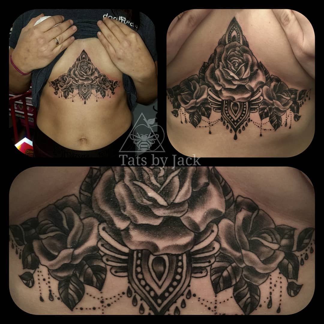 Roses and ornamental design geometric tattoo on the chest by Jack Daniel Knowlden