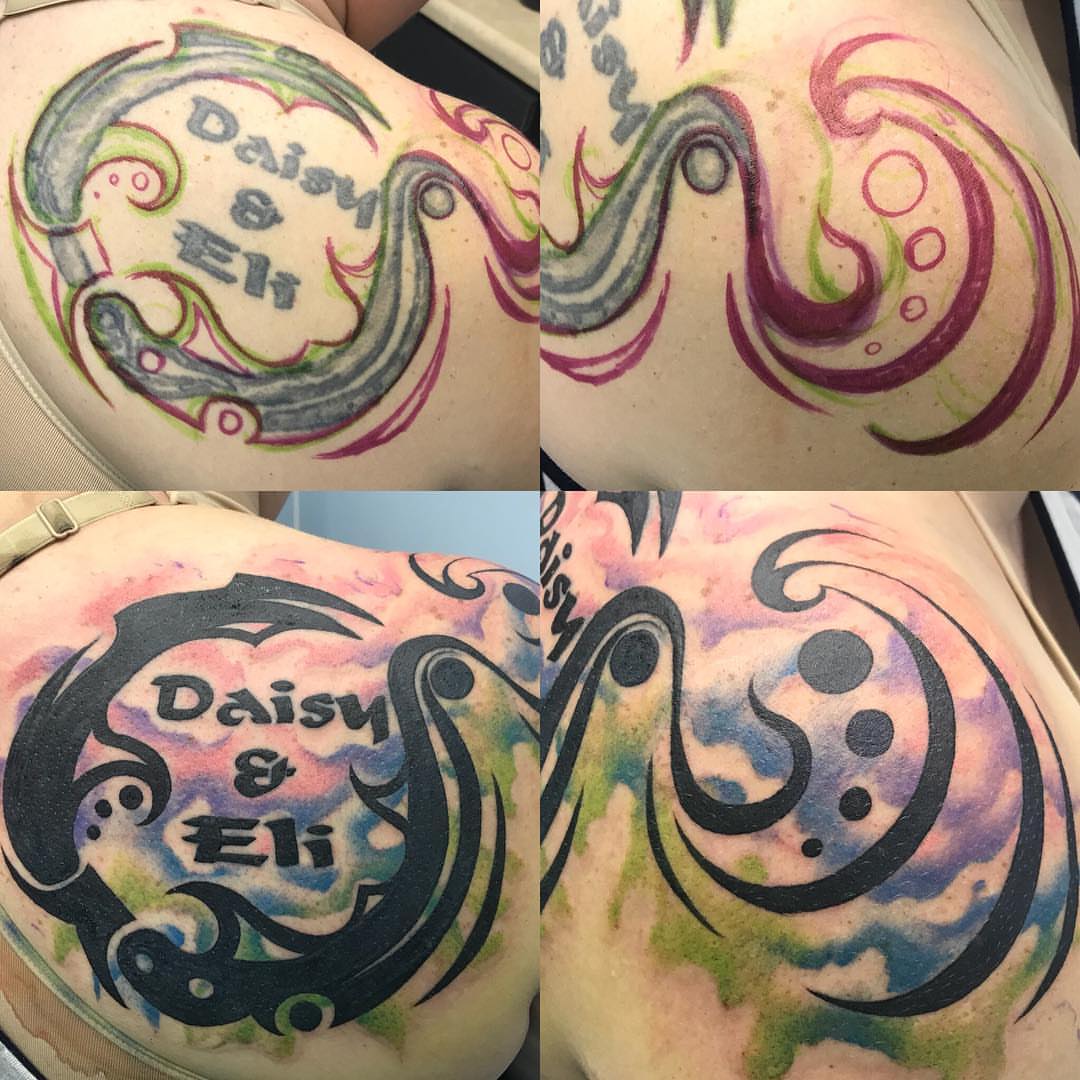 Swirls and name watercolor tattoo on the shoulder by Trevor Sibary