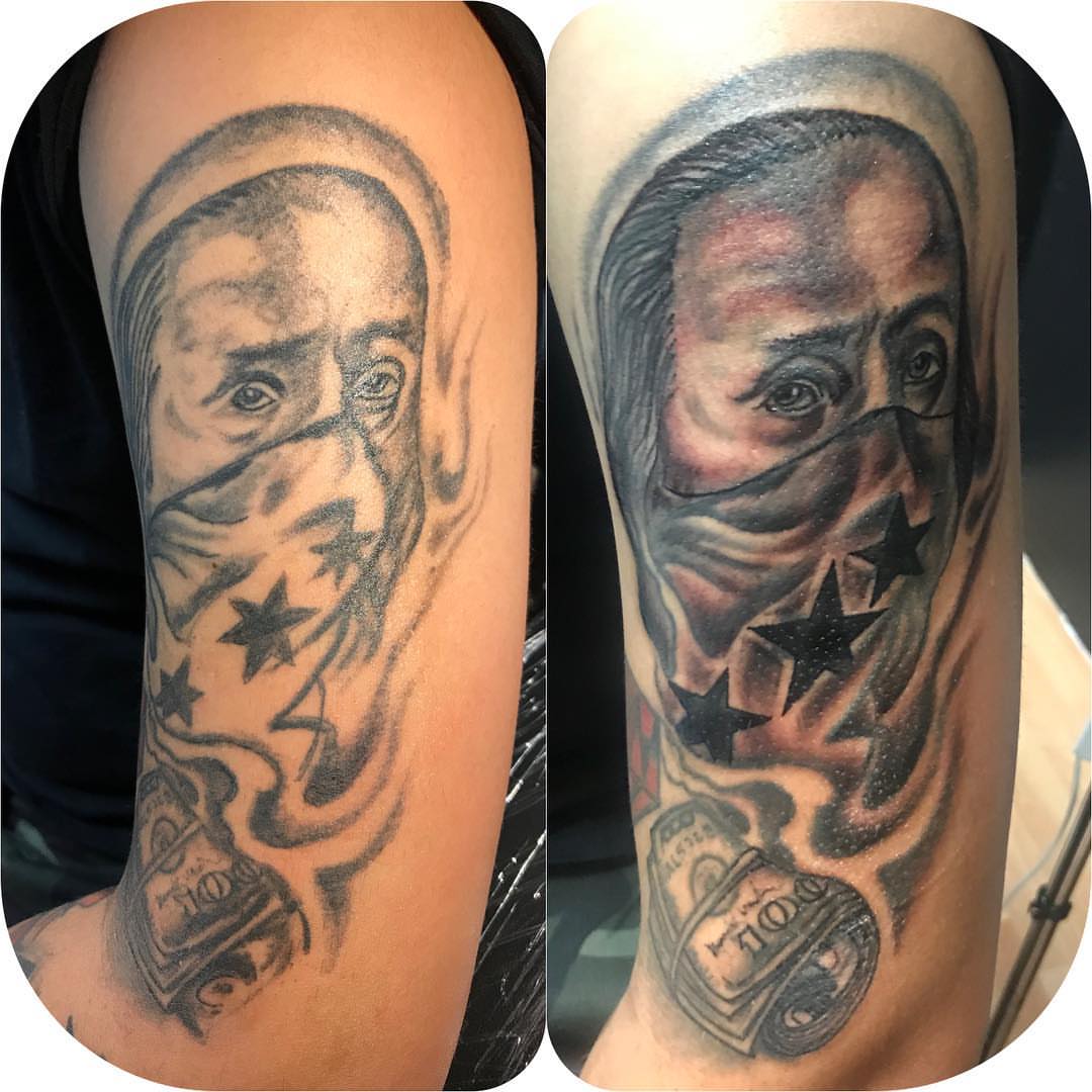 Mask and stars realism tattoo on the forearm by pecous