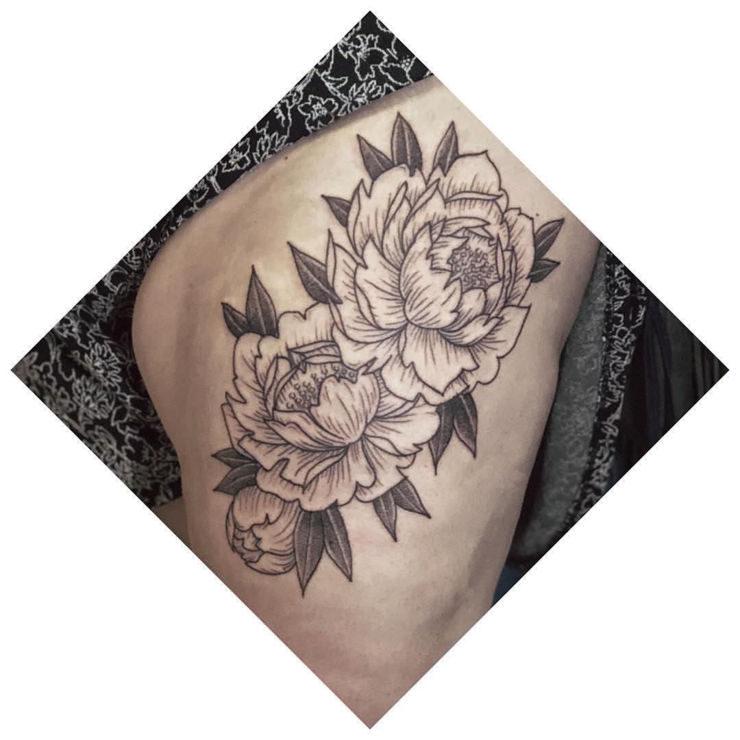 Peony flowers black and grey tattoo on the thigh by Michigan Tattoo Artist