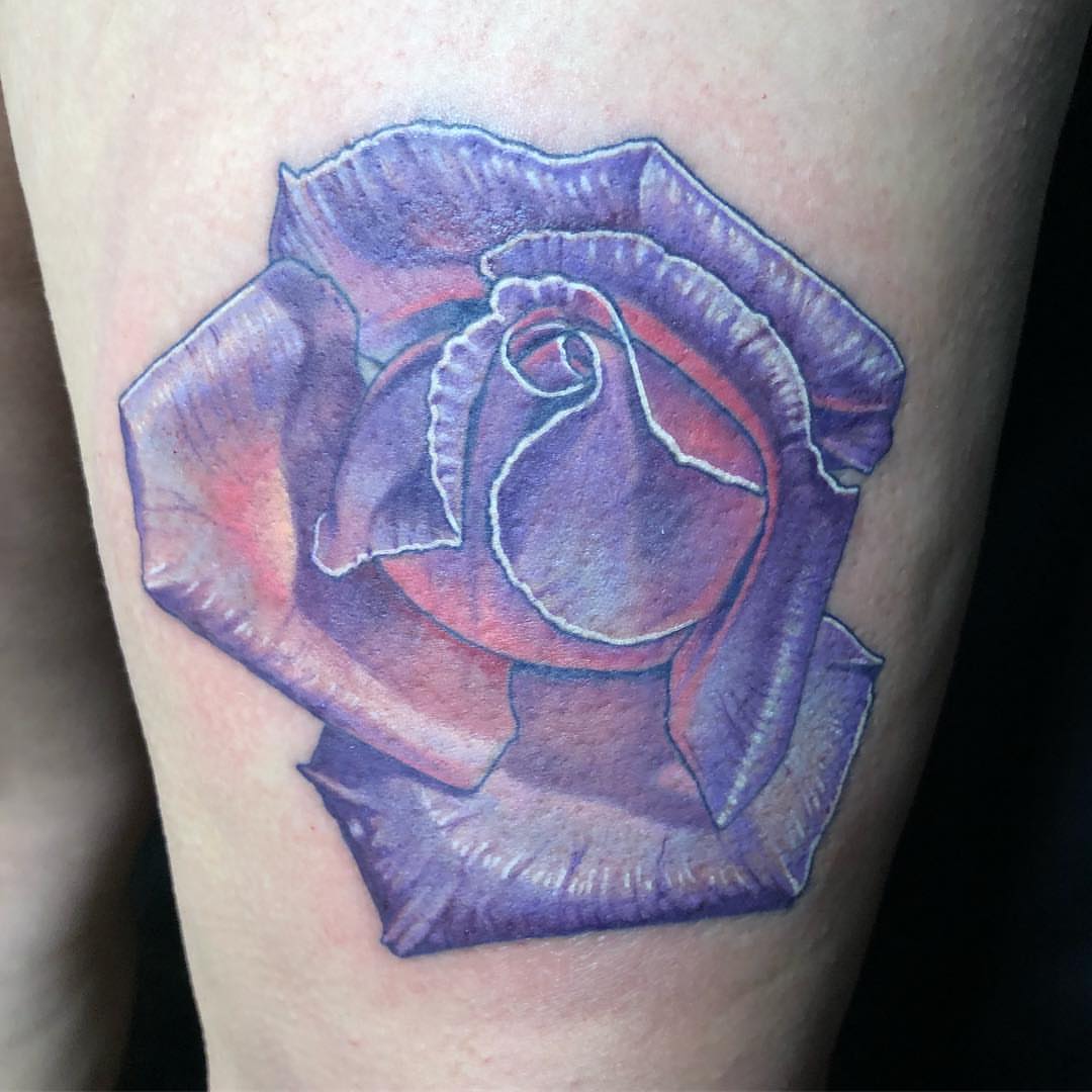 Purple rose realism tattoo on the thigh by Kayden DiGiovanni, Addison, Texas