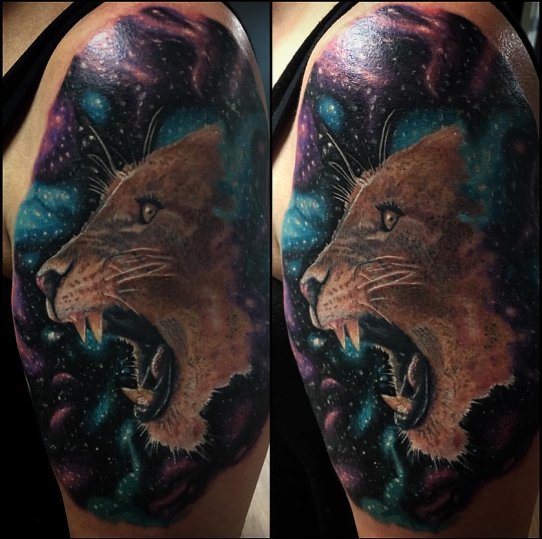 Lion realism tattoo on the shoulder by Kody Miller Tattoos 📍Kansas City MO Tattoo, Kansas City, Missouri