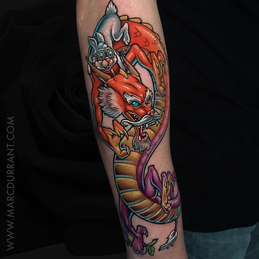 Fox and rabbit American traditional tattoo on the forearm by ᴍᴀʀᴄ ᴅᴜʀʀᴀɴᴛ, Los Angeles, California