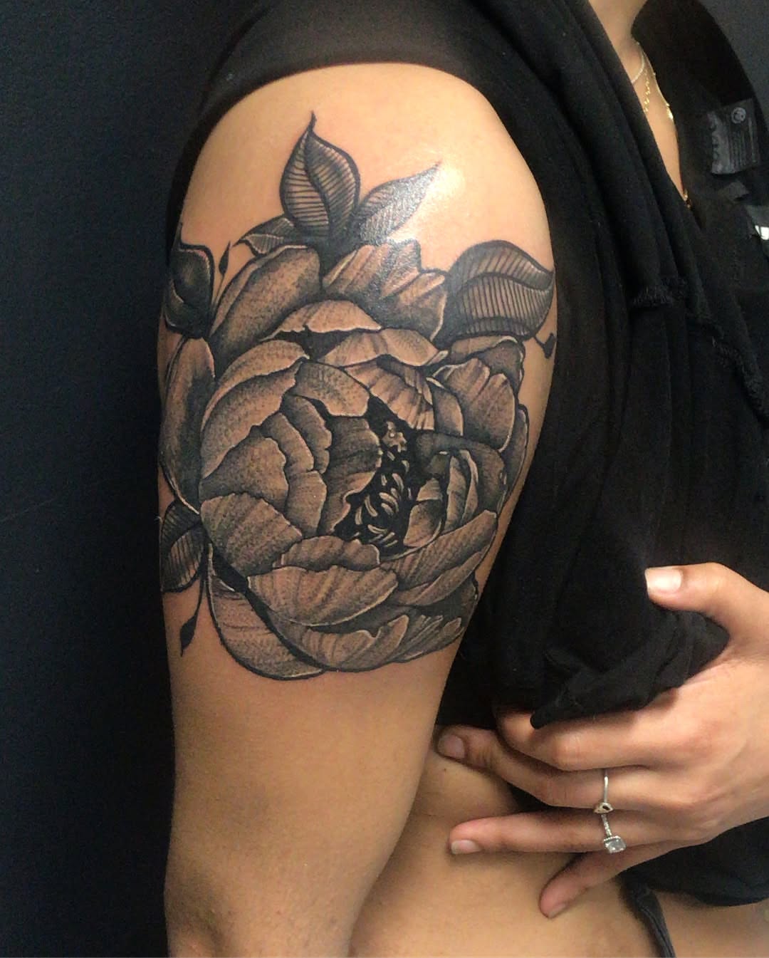 Peony black and grey tattoo on the shoulder by The Tattoo Saint- DMV Tattoo Artist, Hyattsville, Maryland