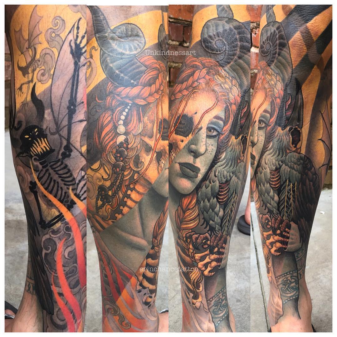 Mythical creature dark realism tattoo on the leg by Erin Chance