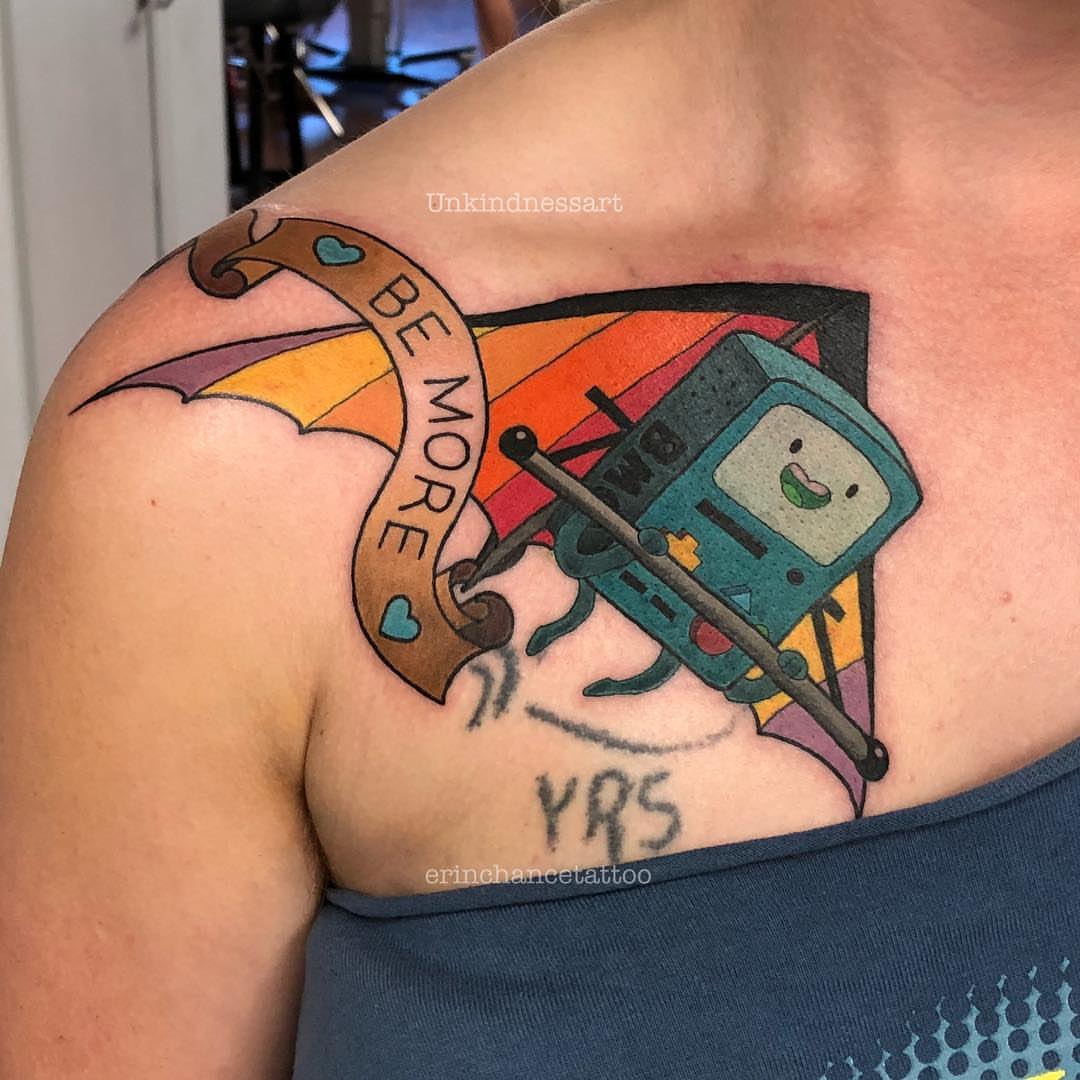BMO and BMO's guitar dotwork tattoo on the shoulder by Erin Chance