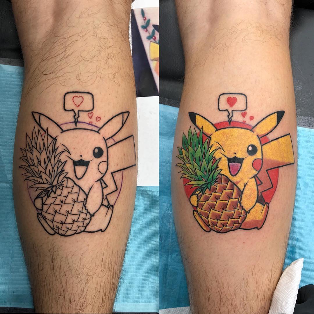 Pikachu with pineapple anime tattoo on the forearm by Tattoos By Rico