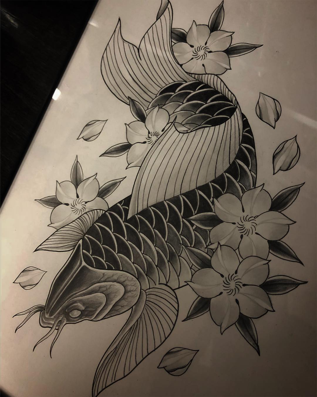 Koi fish and flowers japanese irezumi tattoo by Daniel Gutierrez