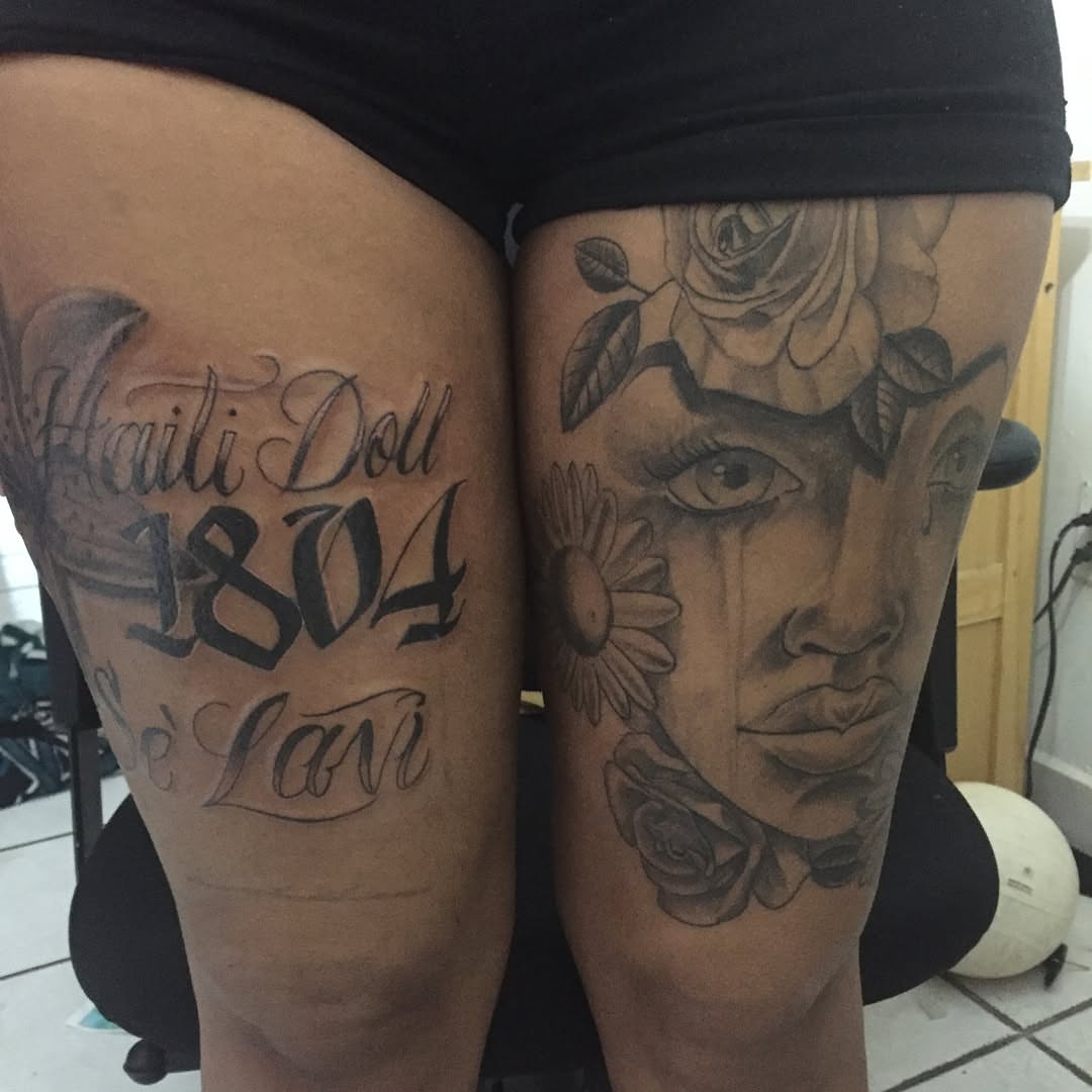Haiti Doll 1804 realism tattoo on the thigh by Junior Trevino