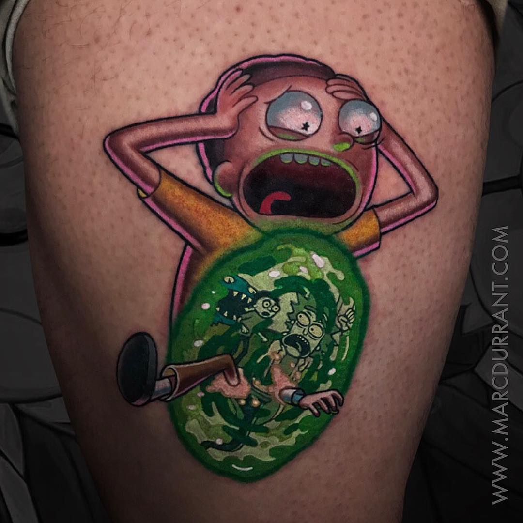 Rick Sanchez realism tattoo on the thigh by ᴍᴀʀᴄ ᴅᴜʀʀᴀɴᴛ, Los Angeles, California