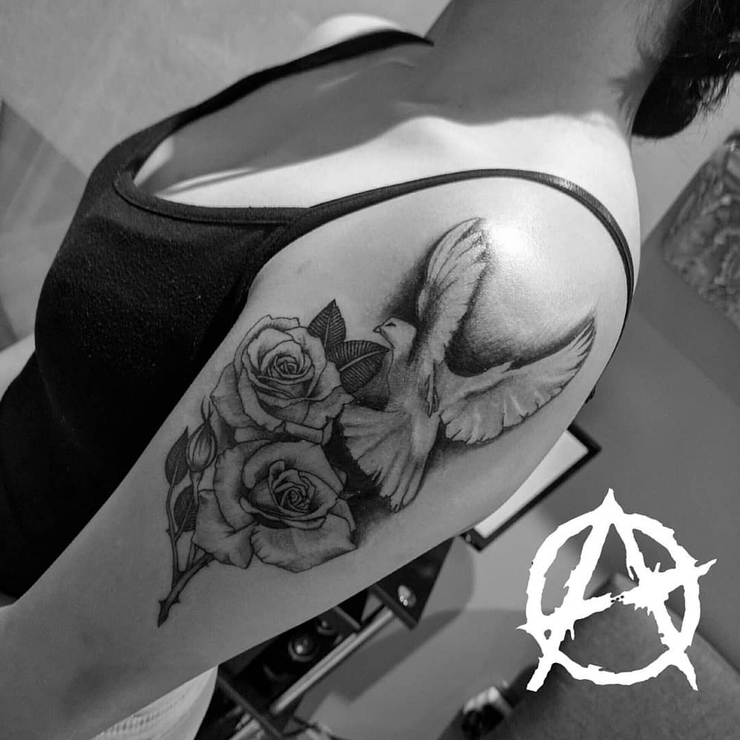 Roses and dove realism tattoo on the shoulder by 🇲🇽Angelique Ortiz🇺🇲, Sugar Hill, Georgia