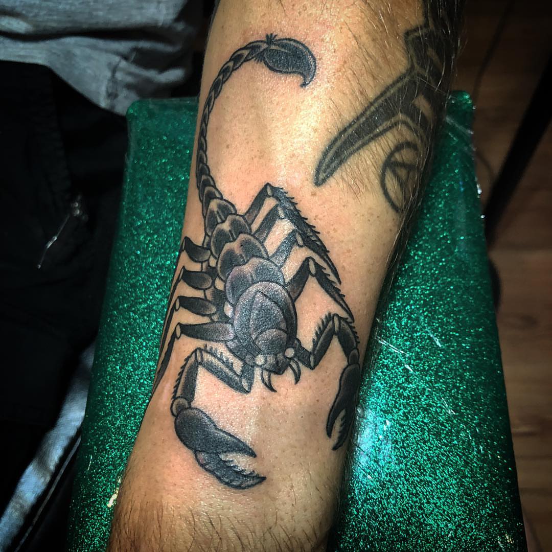 Scorpion black and grey tattoo on the forearm by alexandra
