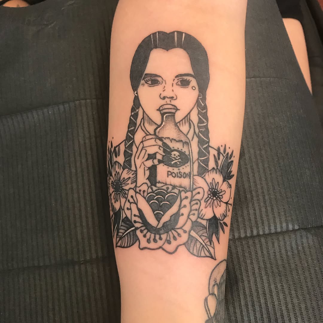 Woman with poison bottle black and grey tattoo on the forearm by Felix 🔸 Chesto (Tattooers)