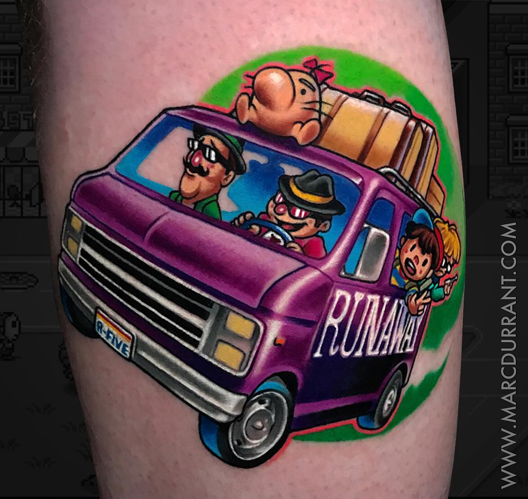 Purple van with characters illustrative tattoo on the thigh by ᴍᴀʀᴄ ᴅᴜʀʀᴀɴᴛ, Los Angeles, California