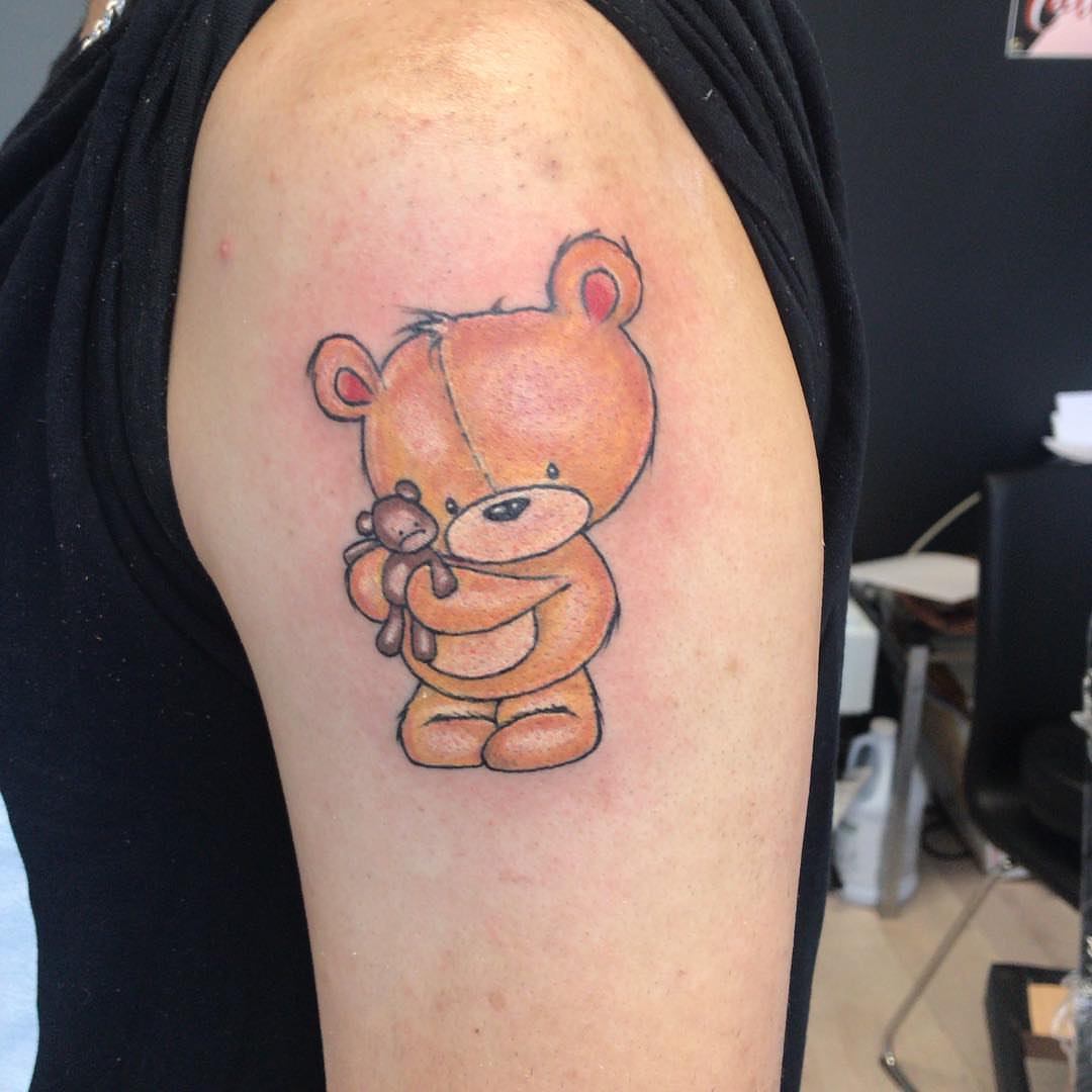 Teddy bear realism tattoo on the shoulder by The Tattoo Saint- DMV Tattoo Artist, Hyattsville, Maryland